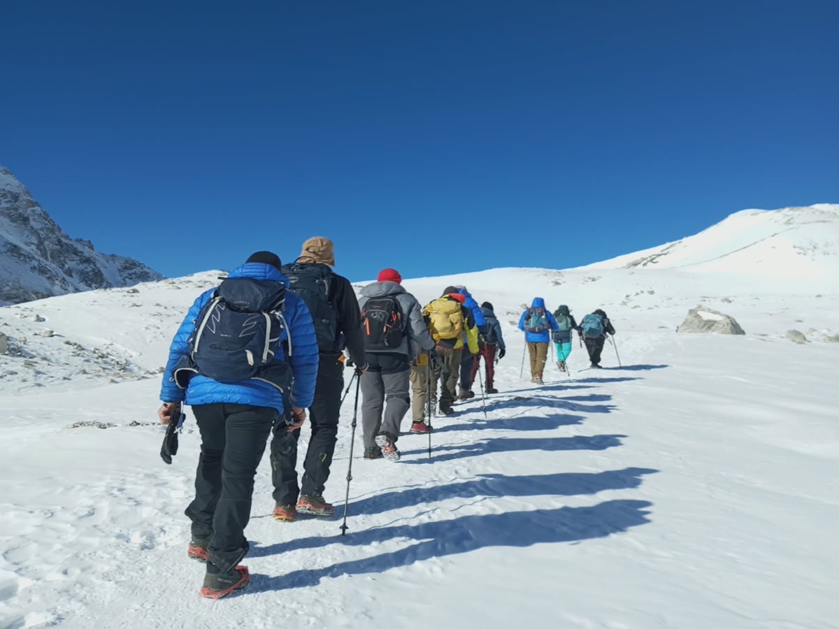 Crossing Larke la pass with our guide from View Nepal Treks