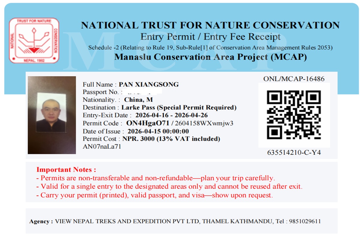 MCAP permits issued by View Nepal Trekkers