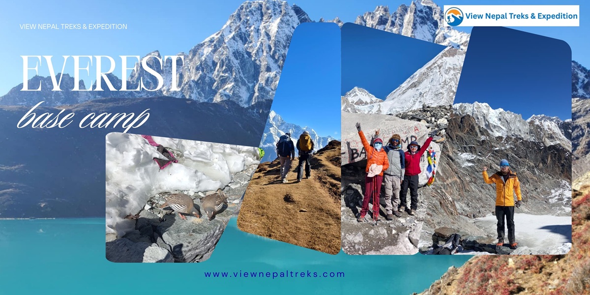 Crystal clear glacial lake surrounded by snowy Himalayan peaks on Everest Base Camp Trek