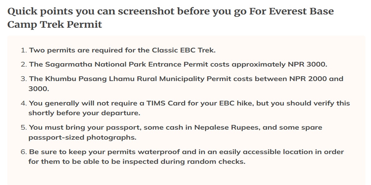 Quick points to screenshot before you go for the Everest Base Camp Trek Permit in Nepal