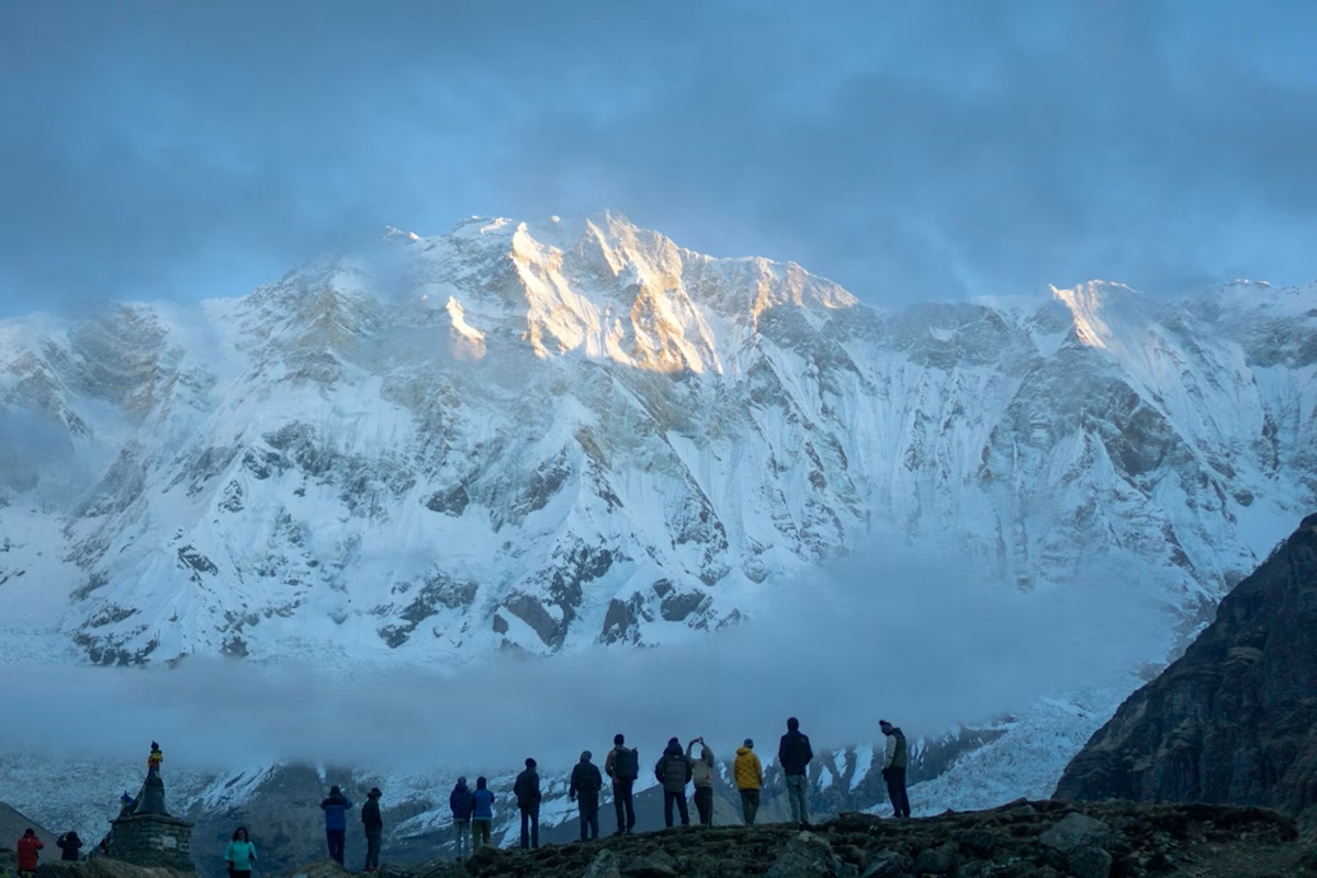Annapurna Base Camp surrounded by snow peaks in the Annapurna Sanctuary Nepal - Annapurna Base Camp trek
