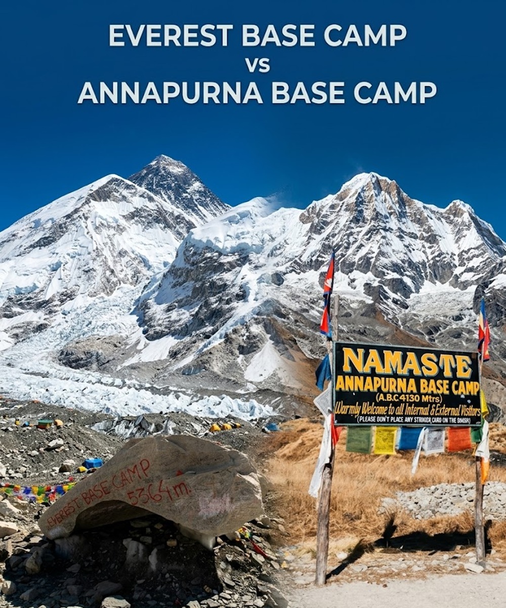 High-altitude trekking landscape in Everest and lower alpine trail in Annapurna Nepal - EBC vs ABC difficulty