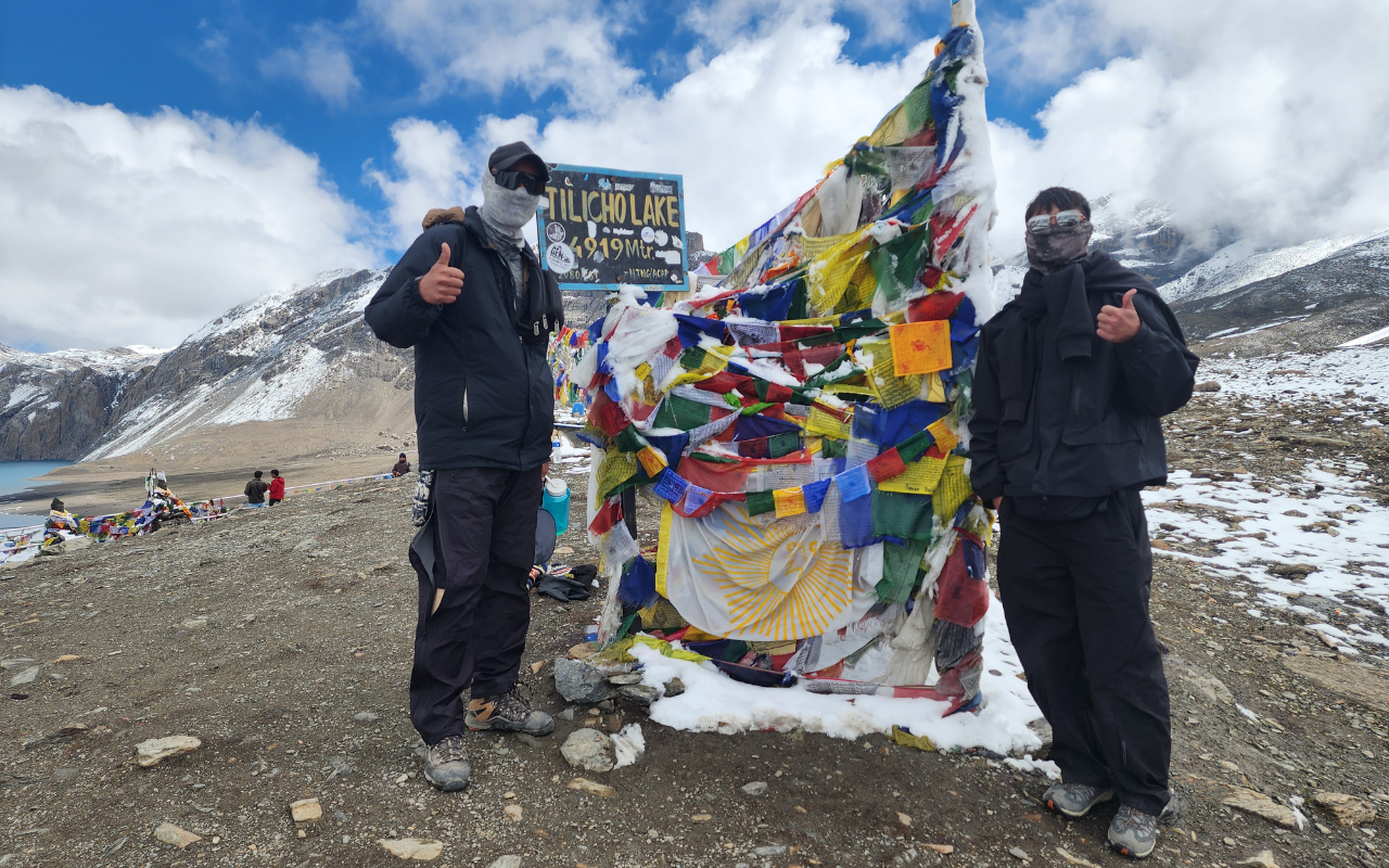 Suraj C.K. with a trekker at Tilicho Lake in the Annapurna region of Nepal